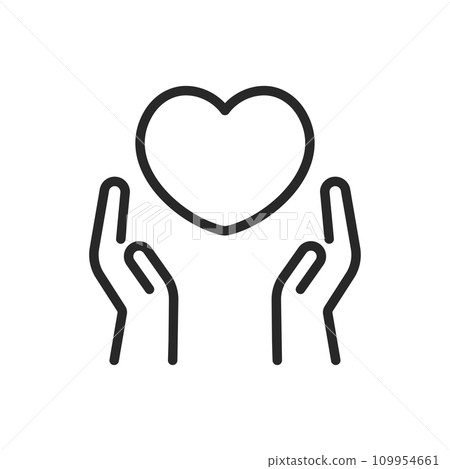 Hands Holding Heart Icon - Linear Vector Pictogram of Care and Compassion, Gesture of Love and Kindness, Supportive Charity and Affection Emblem 109954661