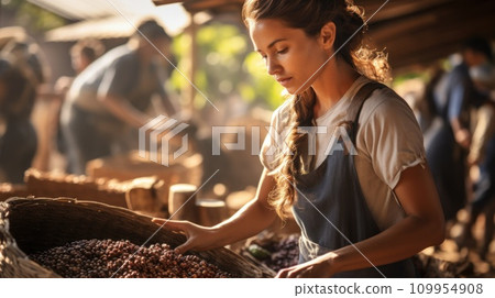AI-generated content. Woman, farmer worker picking, sorting coffee beans into basket. Coffee plantation, arabica and Robusta coffee sorts 109954908