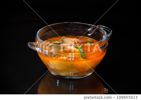 vegetable tomato soup with fish in a plate vegetable tomato soup with fish in a plate 109955013