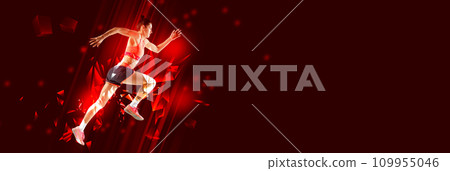 Header, banner or proposal flyer. Young attractive, athletic woman fast running in motion blur against burgundy background. Concept of sport and active lifestyle. 109955046