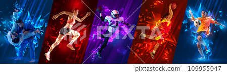 Judo, American football, soccer, jogger and basketball. Header, banner or proposal flyer. Sport collage with training athletic people in motion blur. 109955047