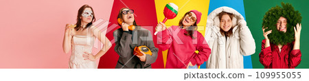 Banner. Collage made of portrait of cheerful woman in different fashion style clothes over multicolored backgrounds with negative space to insert text. 109955055