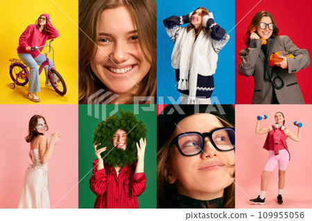 Horizontal collage made of portrait of cheerful young girl in different fashion style clothes over multicolored backgrounds. 109955056