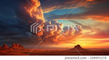 AI-generated content. beautiful dramatic sunset over desert, cloudy sky and rocky mountains AI-generated content. beautiful dramatic sunset over desert, cloudy sky and rocky mountains 109955278