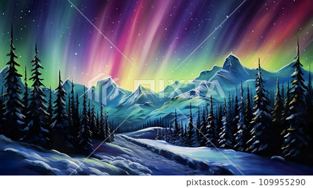 AI-generated content. majestic colorful aurora borealis over snowy winter mountains, amazing natural phenomenon AI-generated content. majestic colorful aurora borealis over snowy winter mountains, amazing natural phenomenon 109955290