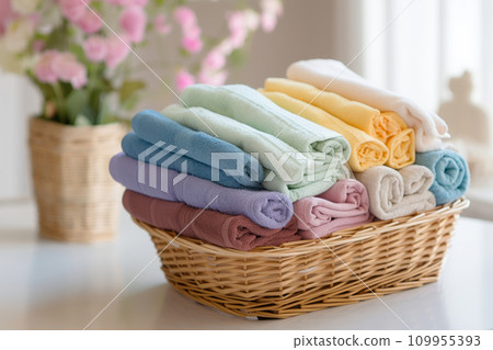 Clean towels inside a wicker laundry basket. Bath towels of different colors. Clean towels inside a wicker laundry basket. Bath towels of different colors. 109955393