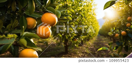 AI-generated content. Oranges growing on tree. Sunny summer day. Plantation, garden, farm of oranges cultivation. Sunlight 109955423