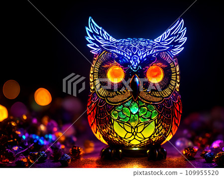 a magic owl made of color glass mystery spectral glowing fire eye 109955520