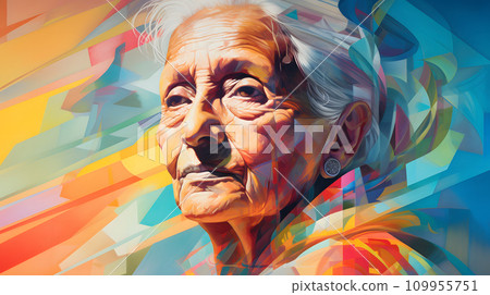 AI-generated content. portrait of an elderly woman, multi-colored paints. Neural network AI generated art 109955751