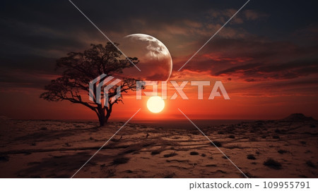 AI-generated content. lonely single tree middle of the sea with dramatic sunset at background. Neural network AI generated art 109955791