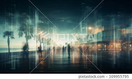 AI-generated content. Blurred view of a street with palm trees. Neural network AI generated art 109955795