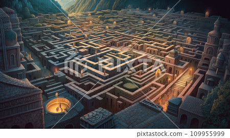 Expansive stone labyrinth of a fantasy cityscape with intricate paths and architectural structures 109955999