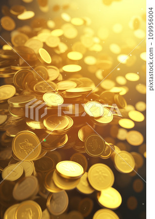 Glowing heap of coins in warm light, vertical background with copy space 109956004