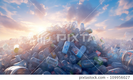 A mountain of plastic waste against a serene sunset A mountain of plastic waste against a serene sunset 109956027