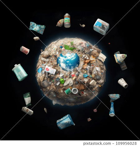 Earth densely covered in garbage, with various types of waste floating in space around it 109956028