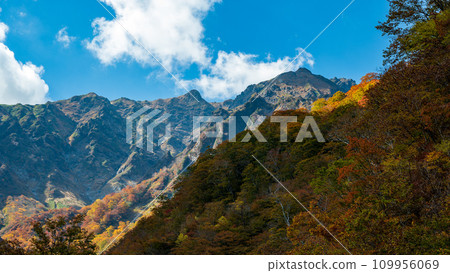 Mt. Tanigawa, a blue sky with white clouds and Machigasawa with autumn leaves 109956069