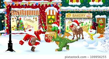 Santa, dragon, reindeer, and snowman on city street Santa, dragon, reindeer, and snowman on city street 109956255
