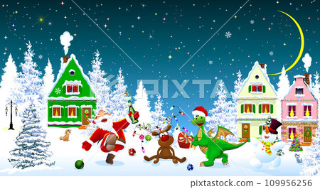 Santa, dragon, snowman, and deer celebrate Christmas Santa, dragon, snowman, and deer celebrate Christmas 109956256