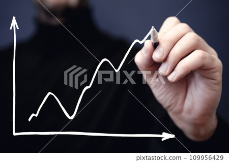 Business growth sale concept. Hand draws a graph of economic profit growth and development Business growth sale concept. Hand draws a graph of economic profit growth and development 109956429