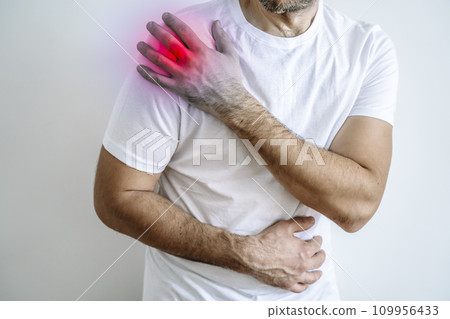 Pain in the joint of the shoulder, back, arm. Muscle and bone pain in the body on a blank white background background. 109956433