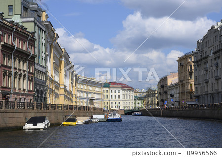 Historical buildings of the 18 and 19 centuries on the Fontanka River embankment in St. Petersburg Historical buildings of the 18 and 19 centuries on the Fontanka River embankment in St. Petersburg 109956566