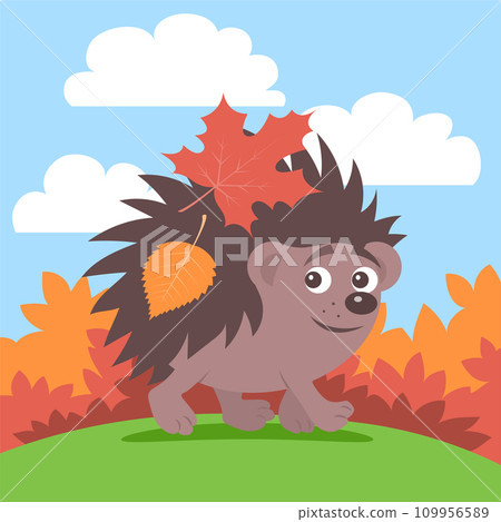 Little cheerful hedgehog with autumn leaves Little cheerful hedgehog with autumn leaves 109956589