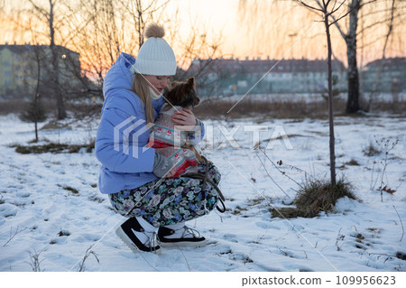 The owner hugs her little dog while walking. The owner hugs her little dog while walking. 109956623
