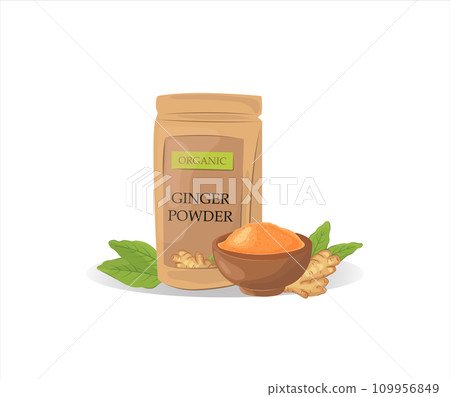 Dry ginger powder in a pack, and a bowl. With ginger root and green leaves. Vector cartoon flat illustration. Ayurvedic remedy and spice for cooking. 109956849