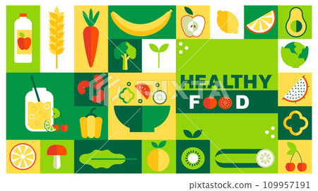 Food healthy farm, geometric forms, vegan restaurant menu cover or poster. Organic bio foods, eco modern nature, avocado, peppers and cucumber, square and rectangle elements. Vector minimal brochure 109957191