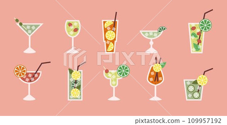 Cocktail drink alcohol. Glass aperitif, orange spritz, cosmopolitan, margarita menu isolated elements, summer bar, martini, mojito party, liquor coffee, minimal, fruit. Vector geometric tidy party 109957192