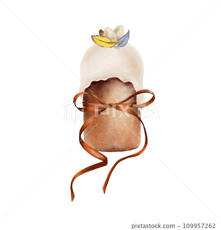 Easter composition Easter cake with glaze, feathers, quail eggs and ribbon with bow. Looks good on stickers,kitchen textiles, ookbooks,greeting cards 109957262