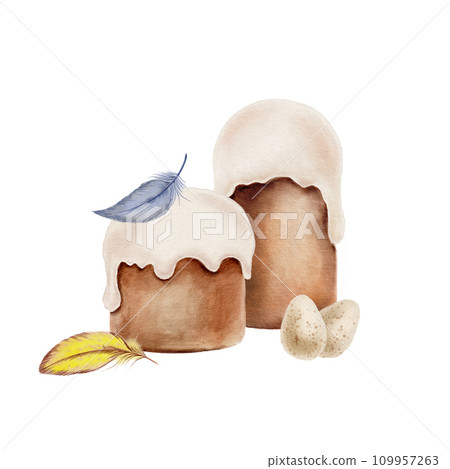 Easter composition Easter cake, eggs and feathers. Looks good on stickers, kitchen textiles, cookbooks, greeting cards, wrapping paper, package. Easter composition Easter cake, eggs and feathers. Looks good on stickers, kitchen textiles, cookbooks, greeting cards, wrapping paper, package. 109957263