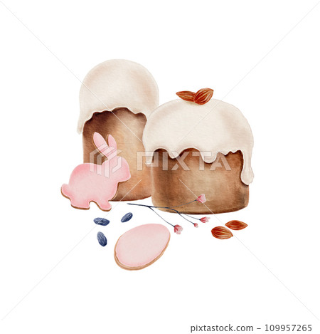 Easter composition Easter cakes, gingerbread with bunny and egg shape,almond, raisin and dried flowers.Looks good on kitchen textiles,greeting cards. 109957265