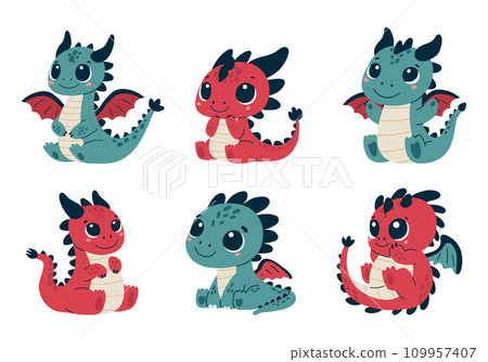Cute Dragons Collection. Set of colorful magical cute dragons. 109957407