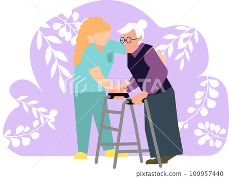 Cartoon black female nurse helping old woman. 2d illustration Cartoon black female nurse helping old woman. 2d illustration 109957440