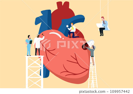 Cartoon doctors examining and healing heart. 2d illustration 109957442