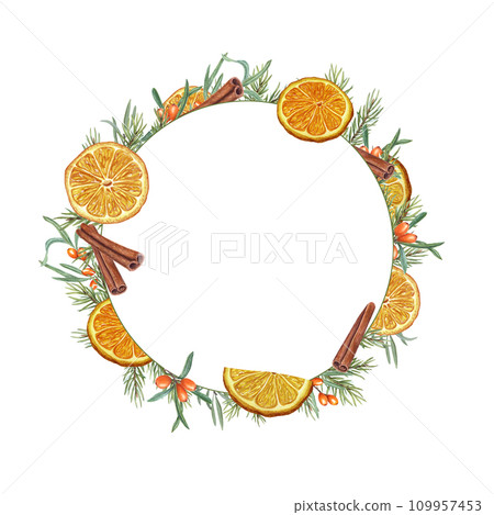 Wreath of dry orange slice, sea buckthorn berry, cinnamons and spruce branches. Ingredients for winter warming drink. Citrus, berries, evergreen, spices. Watercolor illustration isolated on white. Wreath of dry orange slice, sea buckthorn berry, cinnamons and spruce branches. Ingredients for winter warming drink. Citrus, berries, evergreen, spices. Watercolor illustration isolated on white. 109957453