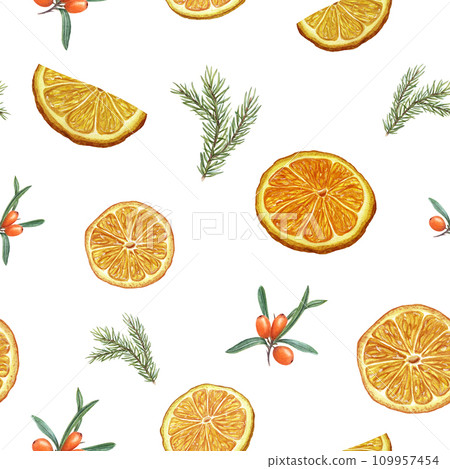 Seamless pattern with dry orange slices, sea buckthorn berry, spruce branches. Citrus, berries, evergreen for winter warming drink. Watercolor illustration isolated on white. Textile, wrap, scrapbook 109957454
