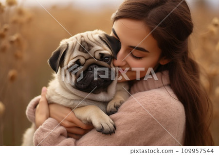 A woman's tender embrace of a pug, symbolizing companionship. Suitable for pet-related content. AI Generated 109957544