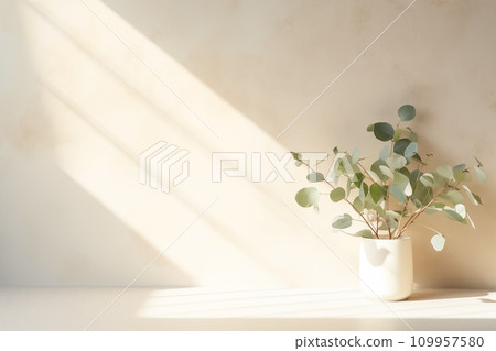 A serene composition of eucalyptus branches in a simple white vase, bathed in soft sunlight. Perfect for minimalist and natural aesthetic themes. AI Generated. A serene composition of eucalyptus branches in a simple white vase, bathed in soft sunlight. Perfect for minimalist and natural aesthetic themes. AI Generated. 109957580