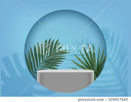 Realistic blue showcase with white podium in a round portal. 3d vector mockup with shadow overlay effect 109957840