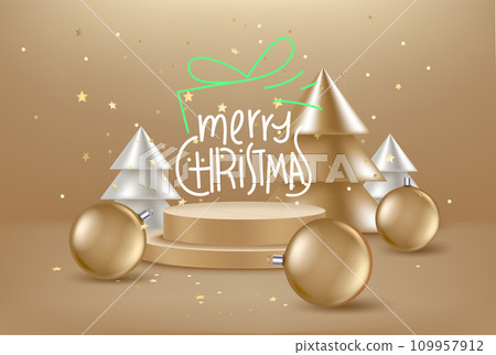 Christmas greeting card with pines, baubles and lettering inscription. 3d vector illustration 109957912