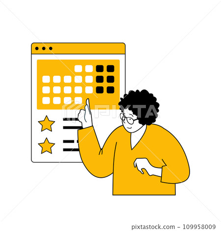 Digital business concept with cartoon people in flat design for web. Woman planning new posts in online shop blog with calendar. Vector illustration for social media banner, marketing material. 109958009