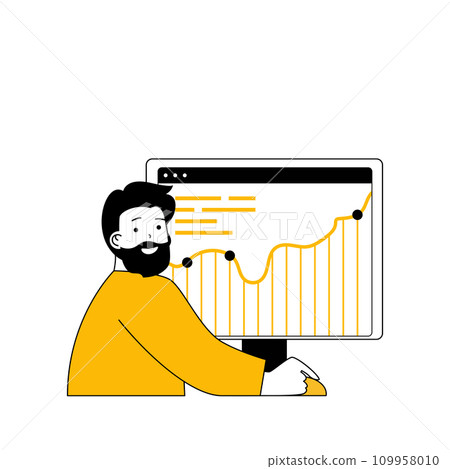 Digital business concept with cartoon people in flat design for web. Man making financial analysis and working with chart at computer. Vector illustration for social media banner, marketing material. 109958010