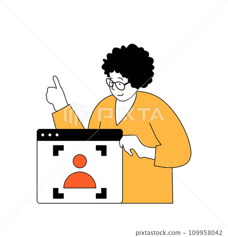 Cyber security concept with cartoon people in flat design for web. Woman using biometrics protection system and facial recognition. Vector illustration for social media banner, marketing material. Cyber security concept with cartoon people in flat design for web. Woman using biometrics protection system and facial recognition. Vector illustration for social media banner, marketing material. 109958042
