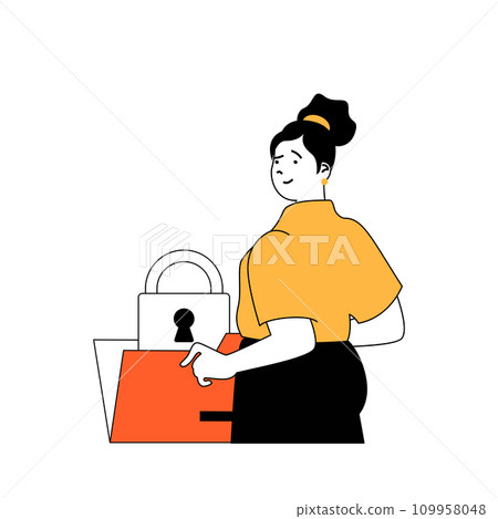Cyber security concept with cartoon people in flat design for web. Woman using protective digital padlock for saving data folder. Vector illustration for social media banner, marketing material. 109958048