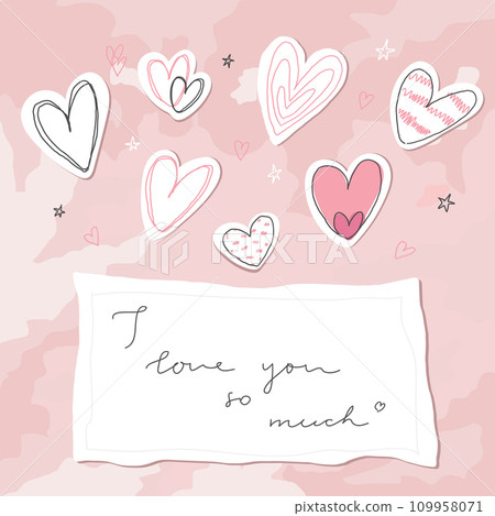 Valentines Day card with doodle paper hearts and love note on a textured background. Vector illustration Valentines Day card with doodle paper hearts and love note on a textured background. Vector illustration 109958071