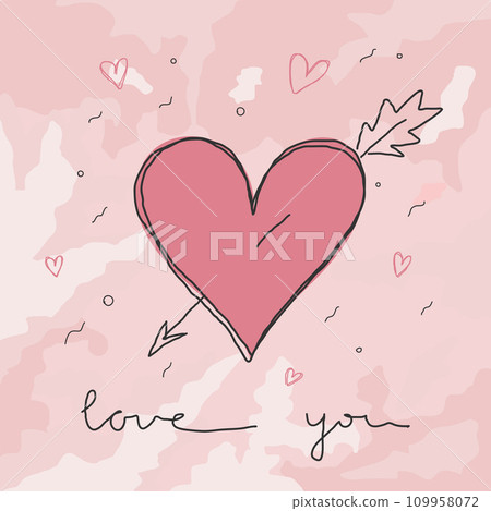 Valentines Day card with a casually drawn heart with an arrow on a textured background. The casually written phrase I love you. Vector illustration 109958072