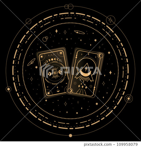 Divination Tarot cards on black background. Fortune telling. Tarot symbolism. Mystery, astrology, esoteric. Vector illustration 109958079