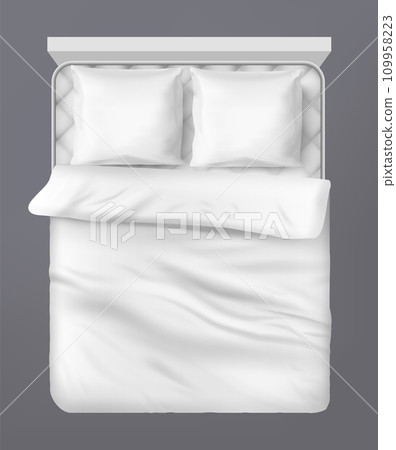 Bed top view. Fluffy pillow and blanket. White cotton linen. 3D bedding. Sleep comfort. Bedroom relaxation. Comfortable textile. Hypoallergenic duvet and soft cushions. Vector realistic home furniture Bed top view. Fluffy pillow and blanket. White cotton linen. 3D bedding. Sleep comfort. Bedroom relaxation. Comfortable textile. Hypoallergenic duvet and soft cushions. Vector realistic home furniture 109958223